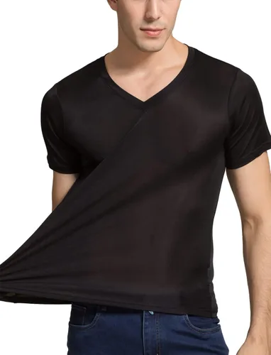 Miniatura 4 de Grenasasilk Camisetas de seda de morera para hombre, de manga corta, de seda pura, transpirable, con cuello en V
