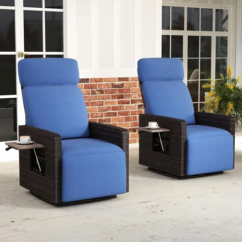Miniatura 12 de kinbor Silla reclinable para exteriores, silla giratoria de 360° con respaldo alto para patio, con mesa auxiliar abatible, cojín extraíble y Beige-1