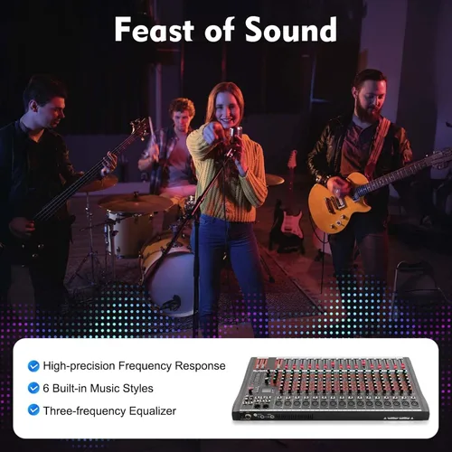 Miniatura 7 de Mezclador de audio de 16 canales, consola de mezcla de tablero de sonido, mezclador de sonido DJ con USB y Bluetooth, mezclador de audio de estudio
