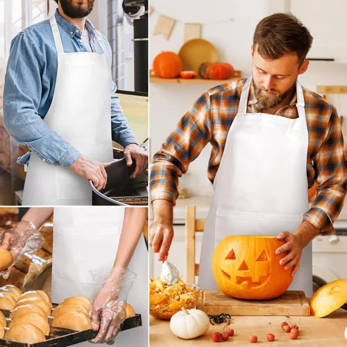 Miniatura 7 de NLUS Paquete de 2 delantales blancos con 2 bolsillos para mujeres y hombres, delantales de cocina con bolsillos, delantales de chef para hornear