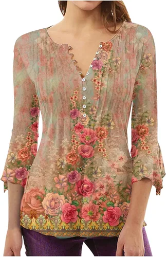 Trompeta 34 Manga Tank Tops Mujer Floral Tie Dye Blusa Camisa básica fruncido corsé túnica plisado botón ropa