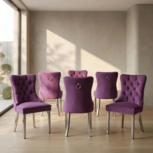 Miniatura 11 de Juego de 2 sillas de comedor de terciopelo, sillas de comedor copetudas de mediados de siglo con anillo trasero de cabeza de clavo, patas de metal