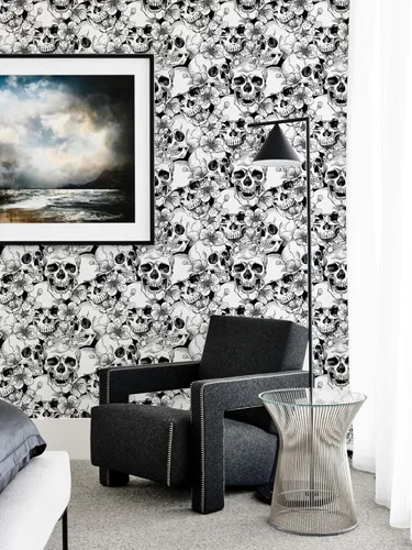 Miniatura 4 de HAOKHOME Papel tapiz gótico para despegar y pegar, diseño floral de calavera de azúcar para dormitorio, decoración de pared extraíble negro/blanco