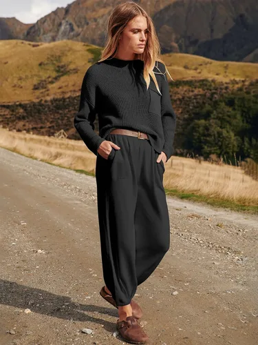 Miniatura 6 de Prinbara Conjunto de 2 piezas para mujer, suéter de punto para otoño, pantalones de gran tamaño, conjunto casual de descanso