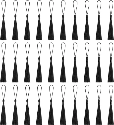 VAPKER 30 borlas negras de 5.1 in/5 pulgadas, sedosas, hechas a mano, suaves, con lazo de cordón de 2 pulgadas para hacer joyas, proyectos de