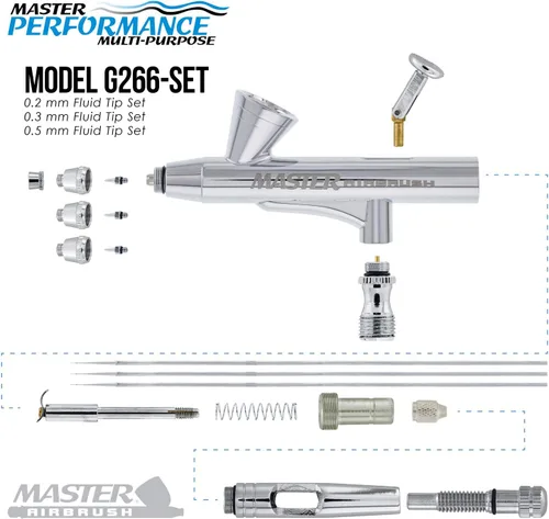 Miniatura 3 de Master Performance G266 Pro Set Master Airbrush con 3 juegos de boquillas (agujas de 0.2, 0.3 y 0.020 in, puntas de líquido y tapas de aire), mango