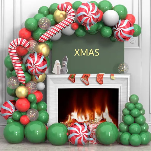 Miniatura 3 de Kit de arco de guirnalda de globos de Navidad, 150 unidades con globos de aluminio de caramelo de Navidad, verde, rojo, blanco, dorado, globos