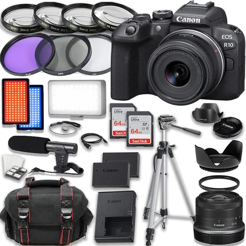 Canon Cámara sin espejo EOS R10 RF-S 0.709-1.772 in f/4.5-6.3 es lente STM + accesorios incluidos: luz de video LED, micrófono, 2 tarjetas de