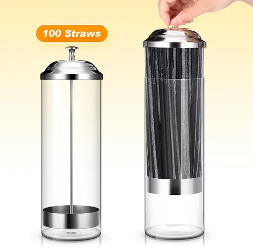 Miniatura 4 de Patelai Dispensador de pajitas de plástico transparente de 10.6 pulgadas y contenedor organizador de 100 piezas de pajitas para beber con tapa
