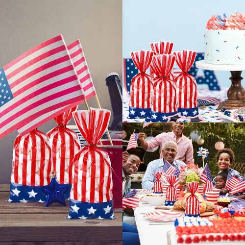 Miniatura 7 de Whaline 150 bolsas patrióticas de celofán para el 4 de julio, estrellas y rayas, bolsas de celofán con lazos torcidos, bolsa de dulces de bandera