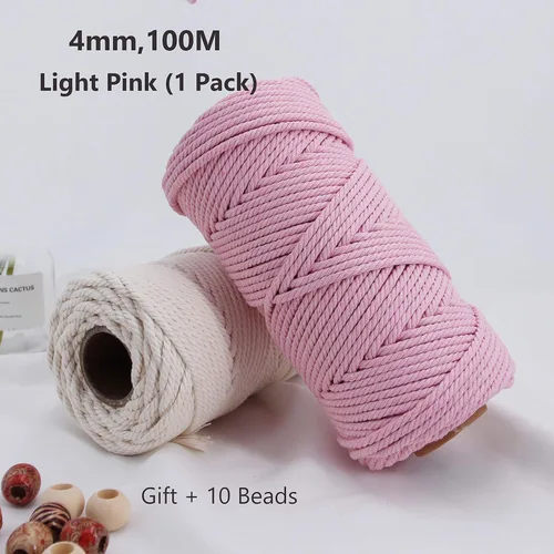 Miniatura 4 de Cordón de macramé de 1/64 pulgadas (0.157 in) de color rosa claro, hilo de algodón natural para tejer a mano a mano, 4 hebras para colgar