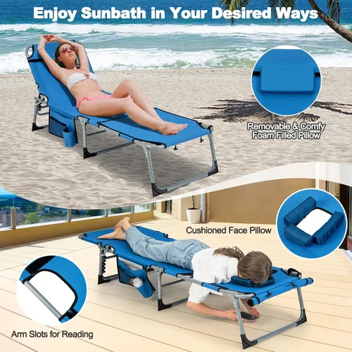 Miniatura 4 de Tangkula Sillón de playa, silla de bronceado plegable al aire libre con agujero para la cara/brazo, 2 asas de transporte, almohada, respaldo Azul