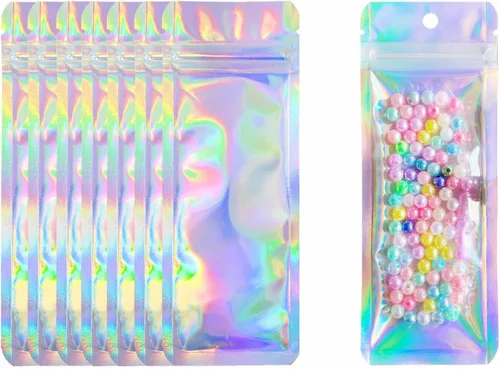 Miniatura 11 de 100 bolsas de embalaje holográficas resellables para pequeñas empresas, embalaje transparente con cierre de cremallera para recuerdos de fiesta