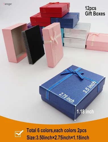 Miniatura 4 de Paquete de 12 cajas de regalo de cartón para joyas, cajas de regalo vacías con tapas y lazos de cinta para exhibir aretes, collares, anillos