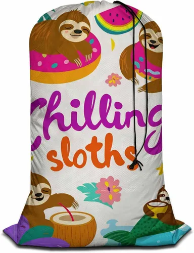 Swono Adorable perezoso con cordón portátil de gran capacidad, bolsas de lavandería para disfrutar de vacaciones de verano, hojas de palmera, bolsas