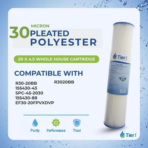 Miniatura 2 de Tier1 Filtro de agua de 30 micras de 20 x 4.5 pulgadas Filtro de agua de sedimentos para toda la casa Cartucho de poliéster plisado Reemplazo