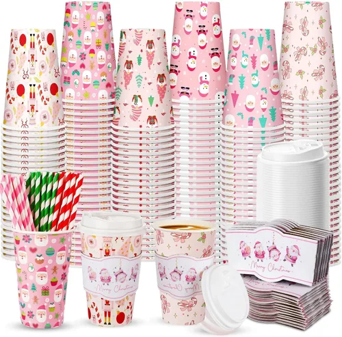 Miniatura 9 de Jingmore Juego de 120 tazas de café de papel desechables de 16 onzas con tapas, fundas para pajitas, vasos de papel para bebidas frías calientes