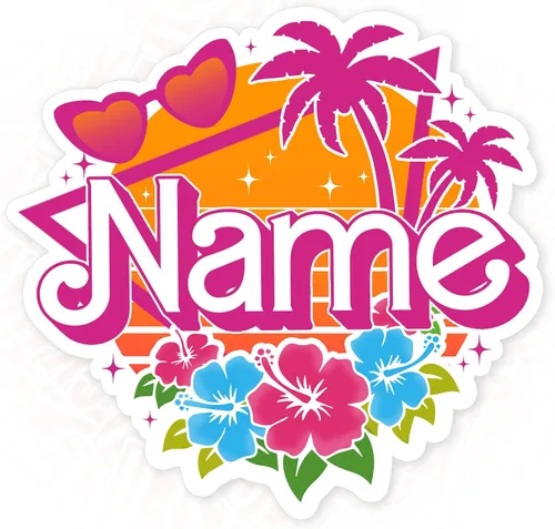 Adhesivo retro personalizado con nombre personalizado, muñeca rosa, nombre de princesa, vacaciones en la playa, impermeable, transferencia UV DTF,