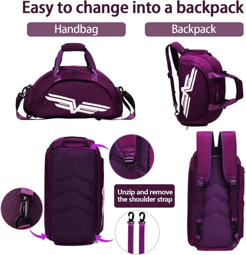 Miniatura 4 de FIORETTO Bolsa de deporte para hombre con bolsillo húmedo y compartimento para zapatos, ideal para viajes, gimnasio, deportes, natación, B-Morado