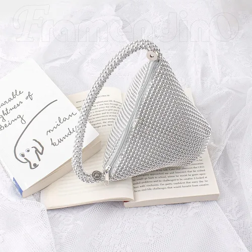 Miniatura 5 de Framendino, Bolso triangular, con estrás de estrás, bolso de noche, bolso de mano de lentejuelas, bolsa de lujo con cremallera
