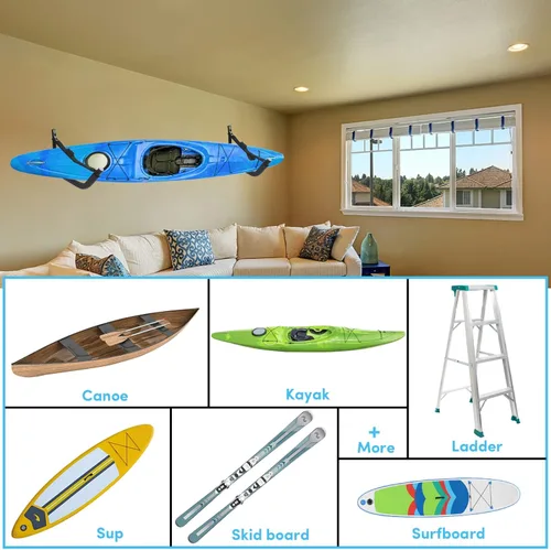 Miniatura 7 de Estante de almacenamiento de kayak, soporte de kayak para garaje, soporte de pared para kayak con correas de nailon, gancho de kayak resistente Negro