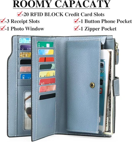 Miniatura 3 de SENDEFN Carteras de cuero para mujer, con bloqueo RFID, tarjetero con bolsillo con cremallera, Azulclaro, Cartera de gran capacidad