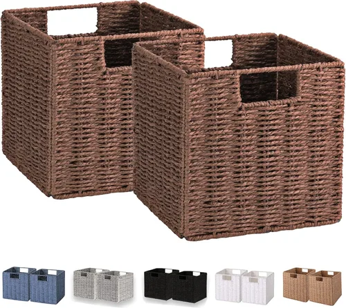 Miniatura 9 de VAGUSICC - Canastas de almacenamiento tejidas a mano, juego de 2, con asas, plegables, tipo cubo, de 13 pulgadas, grandes, de mimbre, para estantes