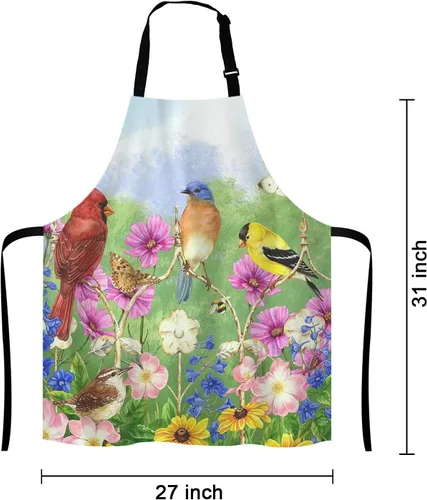 Miniatura 2 de Delantal con diseño de pájaros y flores y mariposas con cuello ajustable para hombres y mujeres, adecuado para el hogar, cocina, camarera, chef