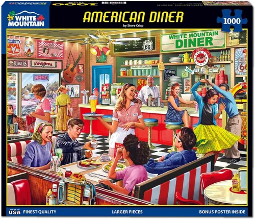 Miniatura 2 de White Mountain Rompecabezas de 1000 piezas retro de los años 50 con piezas grandes para adultos y familia de 24 x 30 pulgadas - American Diner