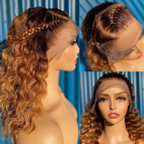 Miniatura 9 de Pelucas de cabello humano ondulado corto con reflejos #1B/27, pelucas de encaje HD, predepiladas, densidad del 150%, cuerpo corto, ondulado, 13x6