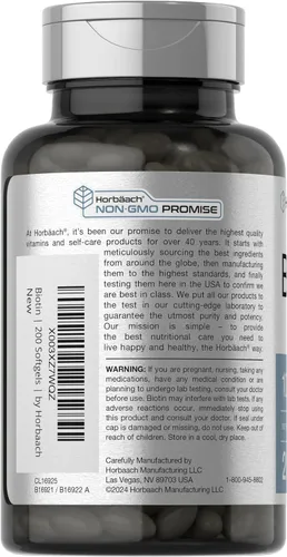 Miniatura 3 de Horbäach Biotin 10000 mcg 200 cápsulas blandas con vitamina B7 Suplemento de fórmula de belleza Sin OMG y sin gluten