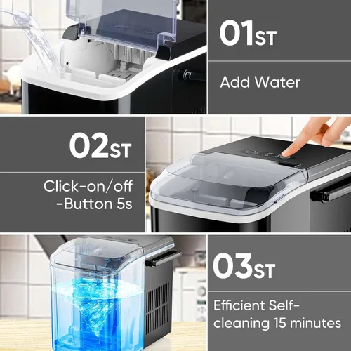 Miniatura 4 de DUMOS Máquina de hielo para encimera con asa, máquina de hielo portátil de 26 libras/24 horas, 9 cubos de hielo de bala listos en 6 minutos