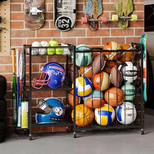Miniatura 10 de Organizador de equipo deportivo, estante de almacenamiento de pelotas con correas elásticas y canasta removible para organización de garaje