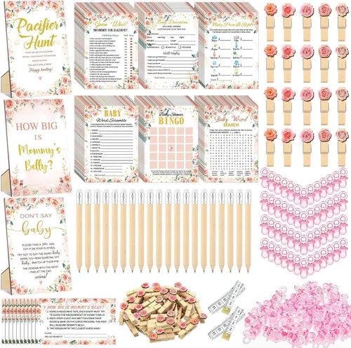 Sherr 476 juegos florales de baby shower, 6 juegos de actividades, tarjeta floral, juego de caza de chupetes, 50 chupetes, qué tan grande es mamá,