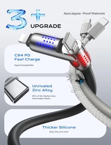 Miniatura 7 de MAGIC JOHN Cable de carga 240W 4 en 1, 4 pies USB C a Lightning [Certificado MFi], cargadores múltiples para todos los dispositivos, USB A/C grueso