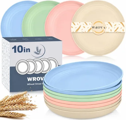 Miniatura 11 de Wrova Platos de paja de trigo – Juego de 8 platos llanos irrompibles de 8 pulgadas – Platos de plástico aptos para lavavajillas y microondas