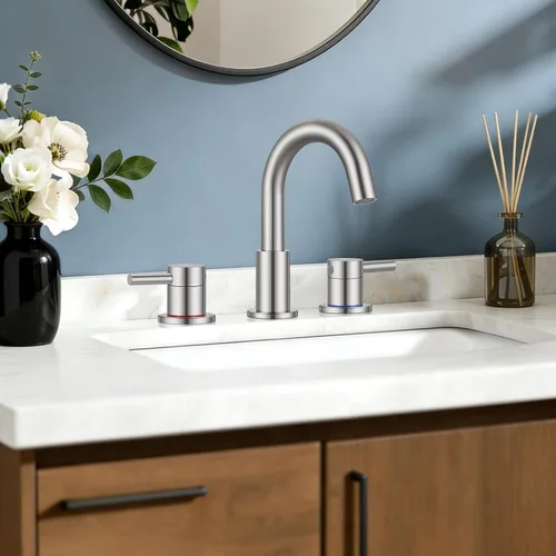 Miniatura 2 de FGKQ Grifo de Baño de Níquel Cepillado 3 Agujeros, Grifo de Baño de 8 Pulgadas Generalizado para Lavabo 3 Agujeros de Níquel Cepillado con Líneas