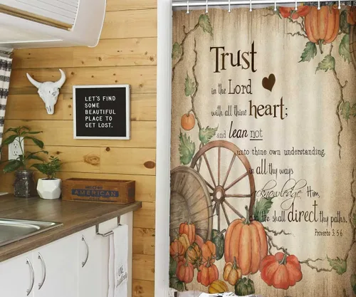 Miniatura 2 de Linda cortina de ducha de otoño para caravana, remolque, baño, campamento, pequeña, estrecha, corta, de tela, decoración de campamento feliz