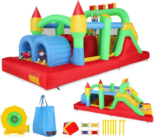 Whubefy Casa de rebote para niños grandes de 8-12, 18 x 8.2 pies, curso de obstáculos inflable para niños de 3-6 con túneles dobles, tobogán grande,
