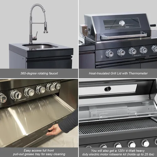 Miniatura 5 de Isla de cocina al aire libre de 153 pulgadas, combinación de parrilla de gas propano de 96000 BTU con refrigerador y fregadero, gabinete de cajón