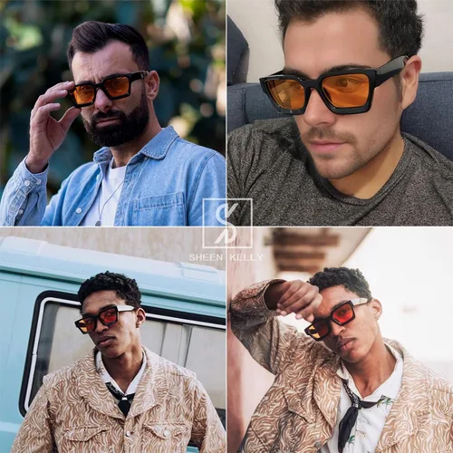Miniatura 2 de SHEEN KELLY Gafas de sol rectangulares gruesas retro gruesas para mujeres y hombres, a la moda, cuadrados, negros, montura tipo tortie, gafas