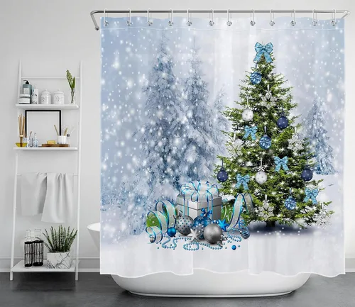 Miniatura 20 de EOBTAIN Cortina de ducha de hojas verdes de Navidad para baño, ramas de piña y abeto con bayas rojas sobre negro, cortina de ducha con 12 ganchos