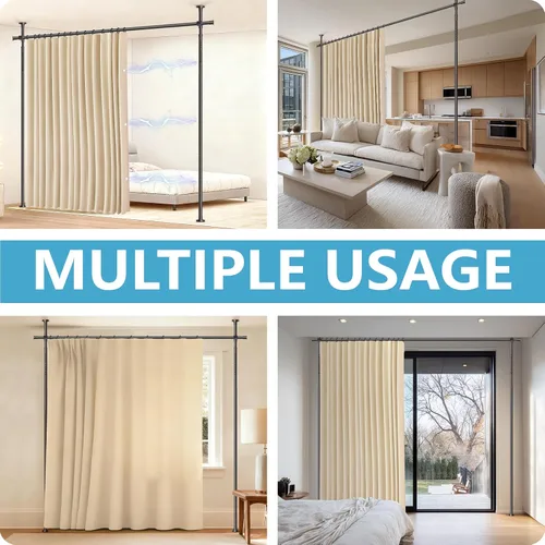 Miniatura 4 de JILRON Juego de cortinas divisoras de ambientes sin taladro: incluye cortina beige de 106 pulgadas de ancho x 84 pulgadas de largo y soportes