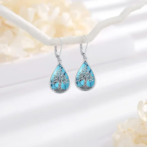 Miniatura 132 de Aretes colgantes de plata de ley con diseño de árbol de la vida, flor, abeja, animales, gato, colibrí, piedra lunar, turquesa, aretes con cierre