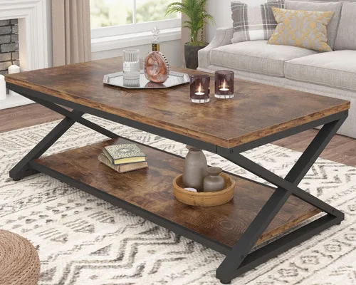 Miniatura 10 de HSH Mesa de sala de estar de madera de metal minimalista moderna negra con estante de almacenamiento, mesa central rectangular de 39 pulgadas y 2