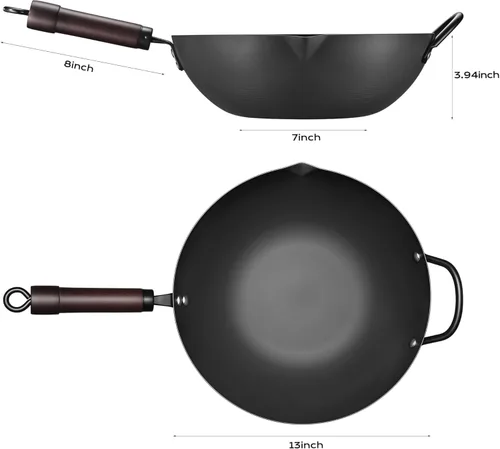 Wok, woks y sartenes de acero al carbono de 13 pulgadas antiadherentes, wok chino de 5.8QT con fondo plano pre-curado con tapa, sartenes de paella,
