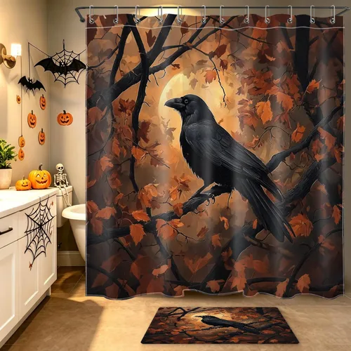 Miniatura 43 de HVEST Cortina de ducha con ganchos, calabaza espeluznante y fantasma con sombrero de bruja negro, juego de cortina de ducha naranja con flores