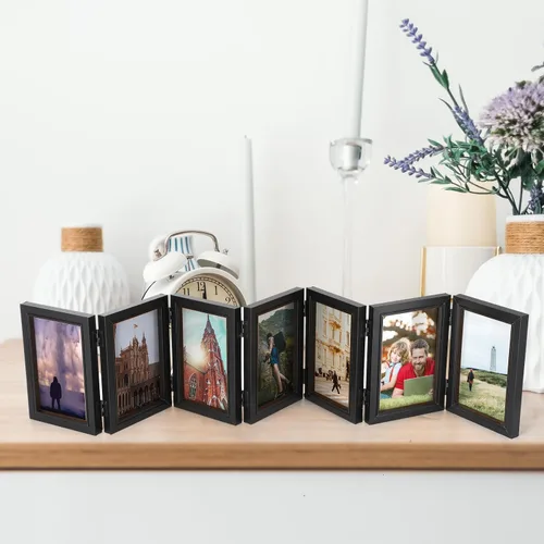 Miniatura 6 de Sintuff Portarretratos plegables de 4 x 6 pulgadas, 7 marcos de fotos plegables con bisagras de alta definición, soportes de collage de madera Negro