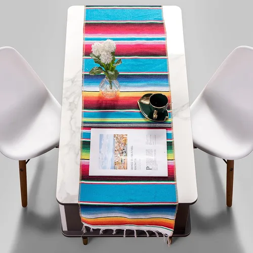 Miniatura 5 de Camino de mesa mexicano, paquete de 12 unidades, 14 x 84 pulgadas, decoración de fiesta temática mexicana para fiesta del Cinco de Mayo, Serape