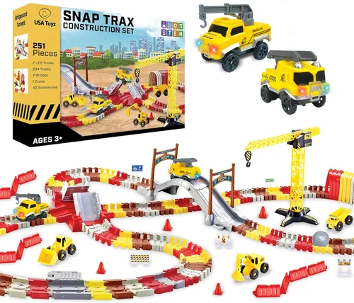 USA Toyz - Juego de construcción Snap Trax con pistas de carreras para niños y 2 coches de juguete LED - 251 piezas de juguetes de construcción STEM